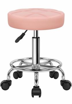 KKTONER Round Rolling Stool Chair PU Leather Height Adjustable Swivel Drafting Work SPA Shop Salon Stools with Wheels Office Chair Small (Pink)