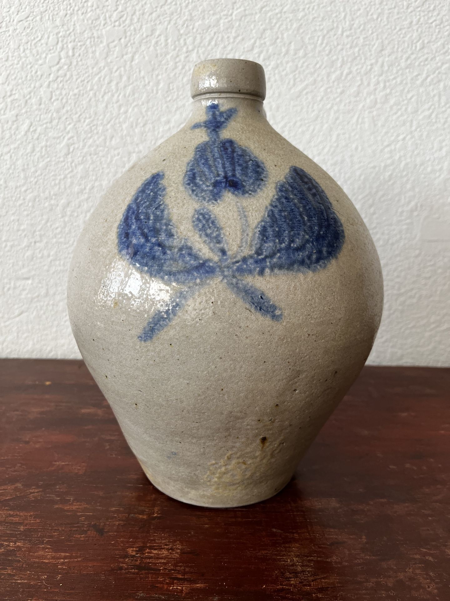 Antique 1800s Salt-Glaze Stoneware Jug w/ Cobalt Tulip – 1 Gallon