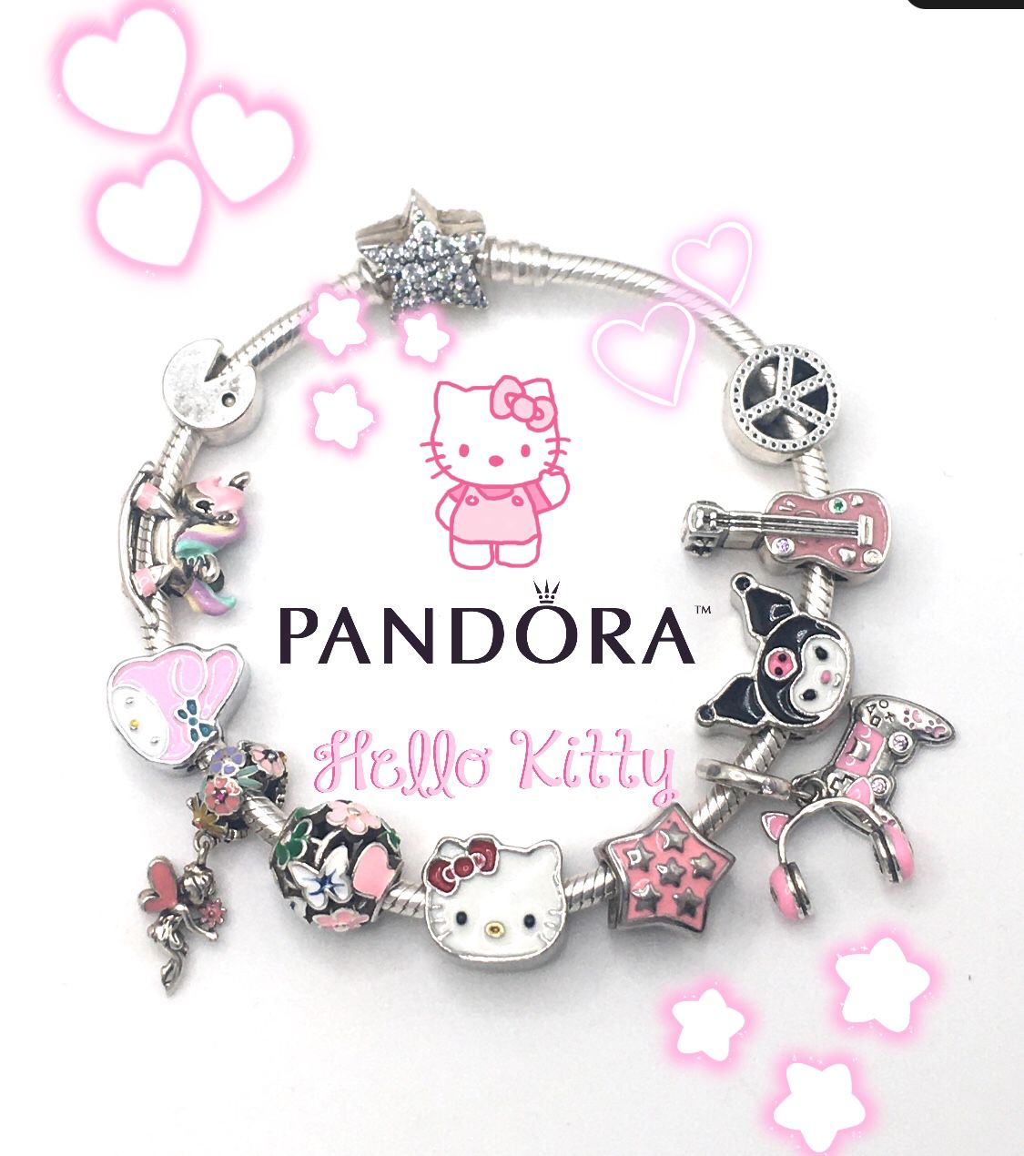 Authentic PANDORA Bracelet With ‘Hello-Kitty Gamer-Chić’ Design Charms All 925 