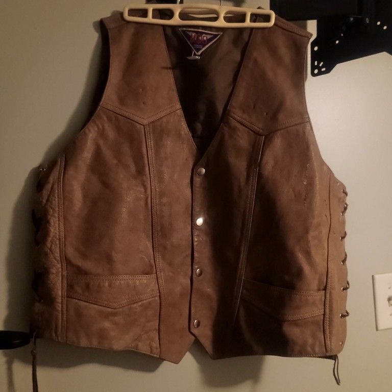 Vintage from 1970's All leather Tan lace up Biker Vest w/ Victory