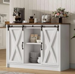 Farmhouse Coffee Bar, 42 Inch Coffee Bar Cabinet, White
Coffee Bar Station with Sliding Barn Door and Adjustable Shelves for Kitchen, Dining Room, Liv