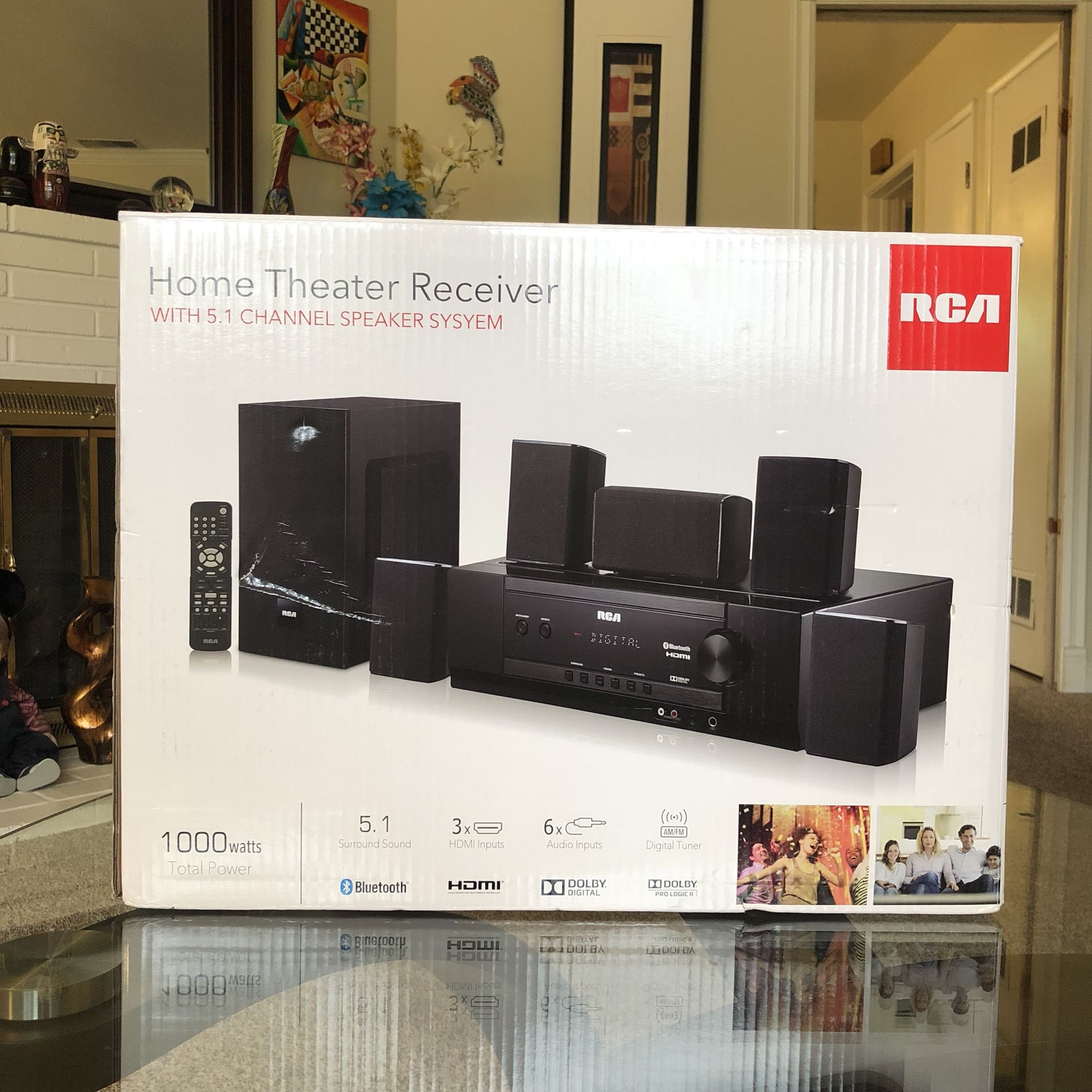 RCA 1000W Bluetooth Home Theater System: BRANDNEW Dolby Digital 5.1 channel 1000W total power 3 HDMI inputs 6 audio inputs AM/FM digital tuner Blue