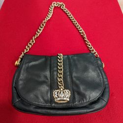Wilson Leather Maxima Black Clutch/Baguette with Bling Crown & Heavy Gold Chain