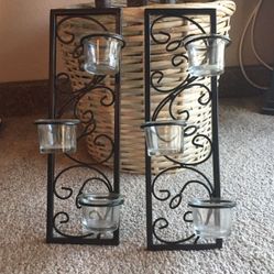 2 set, black metal with glass candle holder, wall decor