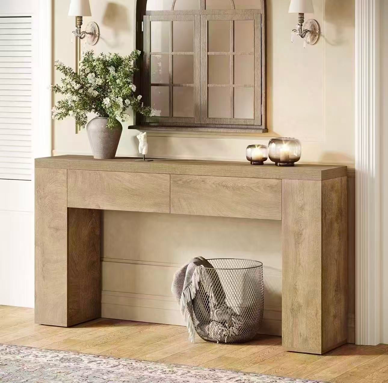 RY0361 63-Inch Wooden Foyer Table with with 2 Hidden Drawers, Farmhouse Console Table for Living Room, Hallway, Entrance, Easy Assembly
