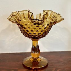 Vintage Fenton Ruffle Amber Hobnail Compote 6” Tall