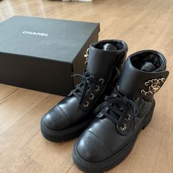 Chanel Lace Up Combat Boots Quilted Leather