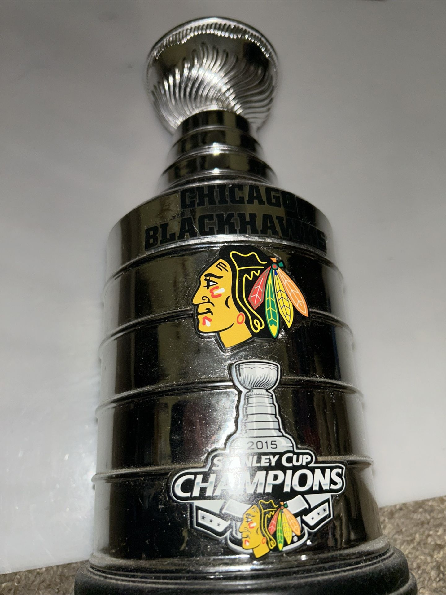 Stanley Cup trophy commemorating the Chicago Blackhawks’ 2015 NHL championship