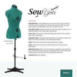  Dritz Sew You Adjustable Dress Form, Small, In Opal Green