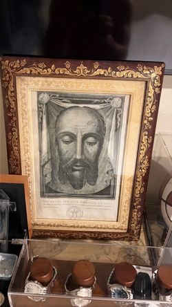 1930 s on silk cloth from Vatican rare Vera Effigies Sacri Vultus Framed Religious Print