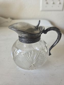 Antique Gorgeous Cut Crystal Syrup Pitcher with Silver-Plated Lid and Handle - 3" H