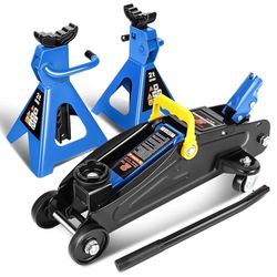 Low Profile Hydraulic Trolley Service/Floor Jack Combo with 2 Ratchet Jack Stands, 2 Ton (4000 lbs) Capacity, TOOLS-00476