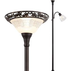Victorian Torchiere Floor Lamp for Living Room, 70" Lamp with Etched Glass Shade, Metal Pole & Heavy Base, Vintage Standing Lamp 2 Head