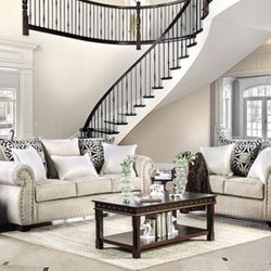 Brand New Light Mocha/Navy/Champagne Sofa and Loveseat Set - Made In USA 🇺🇸 