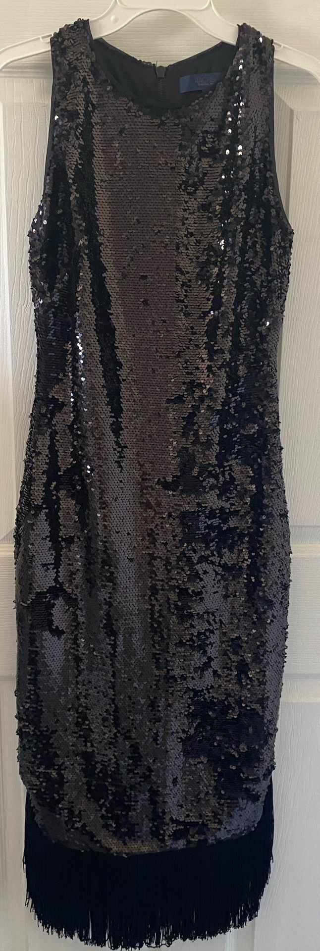 RACHEL ROY Formal Sequined Evening Gown Black Sleeveless w Fringe. SZ 0
