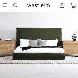 Free Delivery NEW IN-BOX West Elm King Size Bed, Solid Pine Frame, Deep Forest Fabric, Performance Stain-resistant (Retail $1,999+tax)