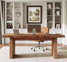 F2496 63" Solid Wood Office Desk, Farmhouse Executive Computer Desk, Large Work Writing Table, Rustic Brown Home Office Workstaticon, Business Furnitu