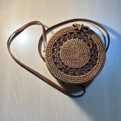 Vintage Wicker Rattan Round Box Purse Crossbody Bag Boho NWOT Leather Strap