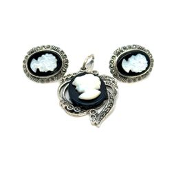 Vintage Sterling Silver 925 Lady Cameo Stud & Pendant Set