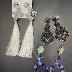 Lot of 3 Statement Clip On Earrings White Black Purple/blue