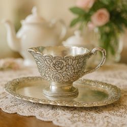 Raimond Japan 1960s Silverplate Creamer & Tray Set Floral Repousse, 8.5x3”