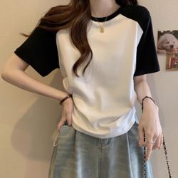 2025 New Style Patchwork Contrasting Color Pure Cotton Short-Sleeved Blazer-style T-Shirt Women's Summer Loose-Fitting Slimming Sleeveless Top