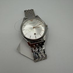 New/Unworn Emporio Armani Renato Men's Dress Watch, Silver Sunray Dial, Stainless Steel Bracelet