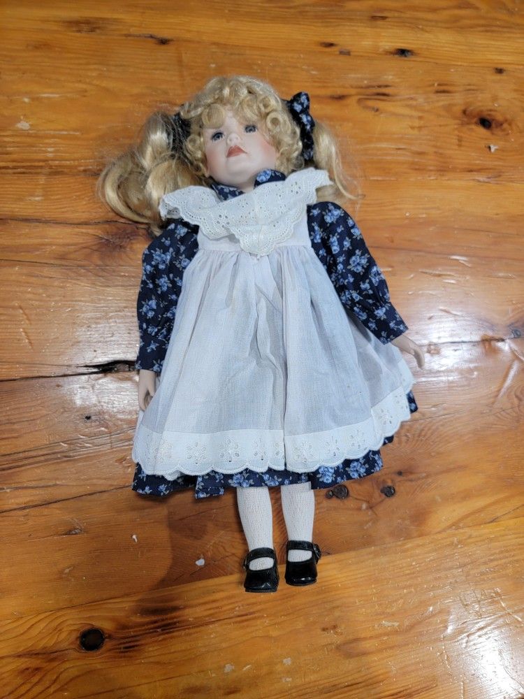 17" Porcelain Doll With Blonde Pigtails, Blue Eyes, Blue And White Dress