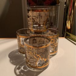 Vintage Cera 22k Gold Old World Map MCM Lowball Cocktail Glasses Set Of 4
