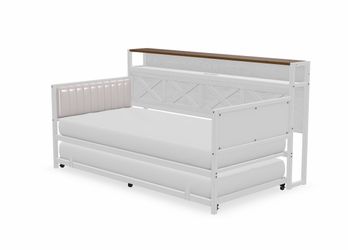 White Wood Daybed with Trundle and Shelf