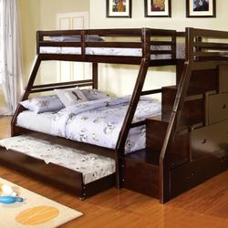 Twin full twin size expresso bunkbed with orthopedic mattress