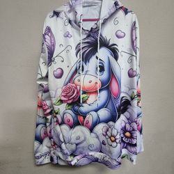 Disney Eeyore hooded sweatshirt featuring a 3D graphic print of the character holding a rose. 