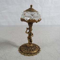 Vintage Dar Glo Brass Cherub Filigree Salt Cellar Cut Glass Crystal
