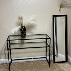 Elegant glass console table with a black metal frame, plus a modern full-length mirror (black & gold). Perfect for entryway, living room, bedroom, or 