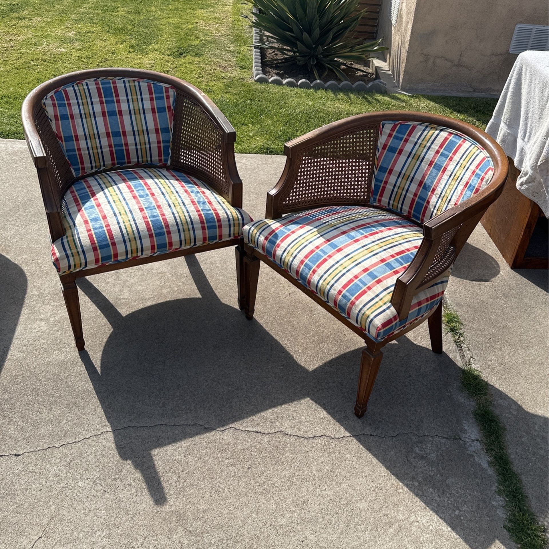 Two Barrel Back Chairs. Burl Maple, Cloth And Cane