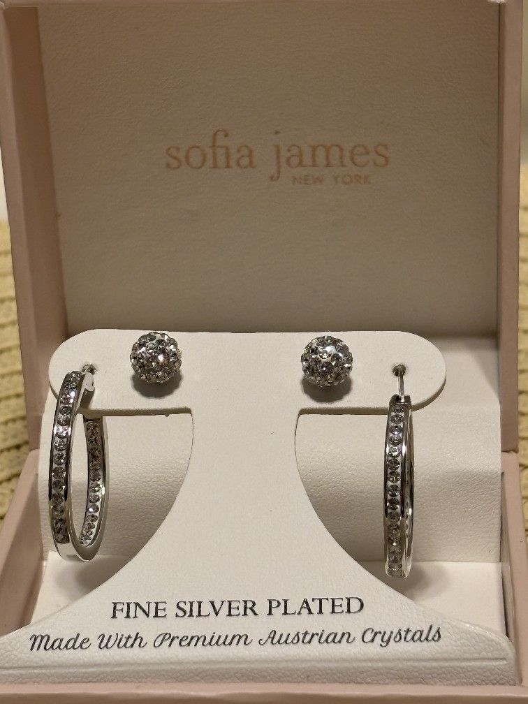 New In Box, Earrings Set, 2 Pairs Studs And Hoops, Austrian Crystals Silver Plated Earrings