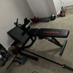 Weight Bench W/ Barbell And Weights 