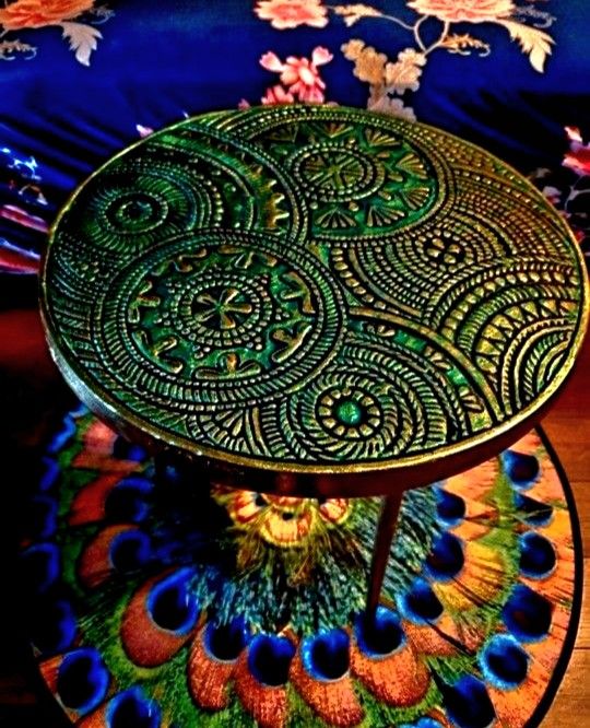 Vintage Brass Mandala Peacock Accent Side End Table Teal Blue Gold 18"×22.5"
