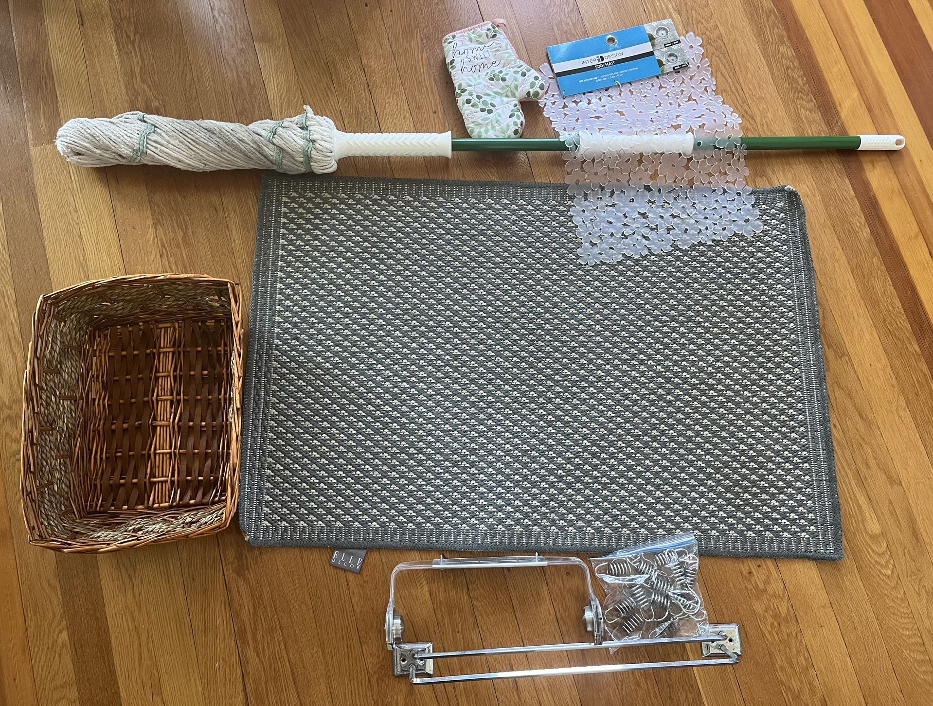 Lot of Miscellaneous Home Goods— Libman Mop, Rug, Basket, Towel Rack/ Shower Curtain Hooks, etc