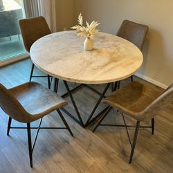 Round Marble Heavy Table(D44") and 4 Faux Leather Chairs