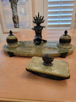 Onyx and Bronze Inkwell Desk Set