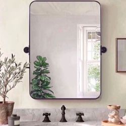 MOON MIRROR 24"x36" Matte Black Pivot Mirror for Bathroom, Metal Frame Bathroom Mirrors for Wall，Rectangle Titling Vanity Wall Mirror with Rounded Cor