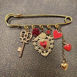 Valentine, Gold, Red Charm Brooch, Pin Hearts Rose Key Medallion