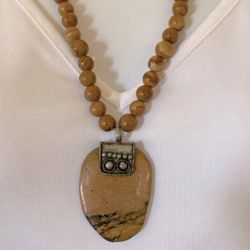 Vintage Stone Pendant on Wood Vein Jasper Bead Necklace