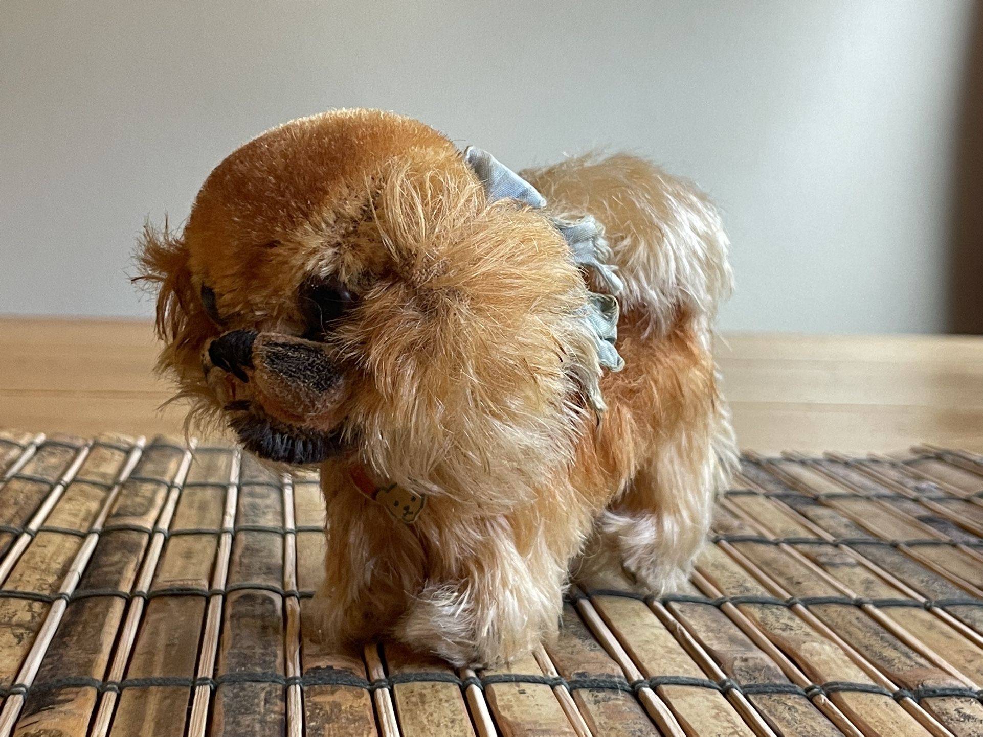 Vintage Steiff Peky Pekingese dog, German plush toy, blue bow