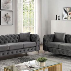 Brand New Dark Gray Tufted Sofa and Loveseat Set - Made In USA 🇺🇸 
