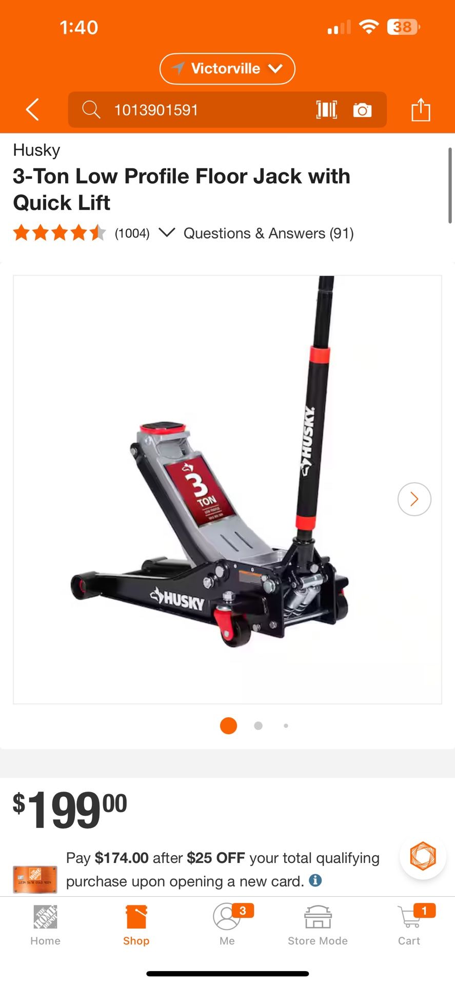 Husky 3-Ton Low Profile Floor Jack with Quick Lift