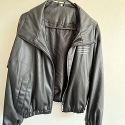 Creative Adjective Faux Leather Bomber Jacket – Black Streetwear