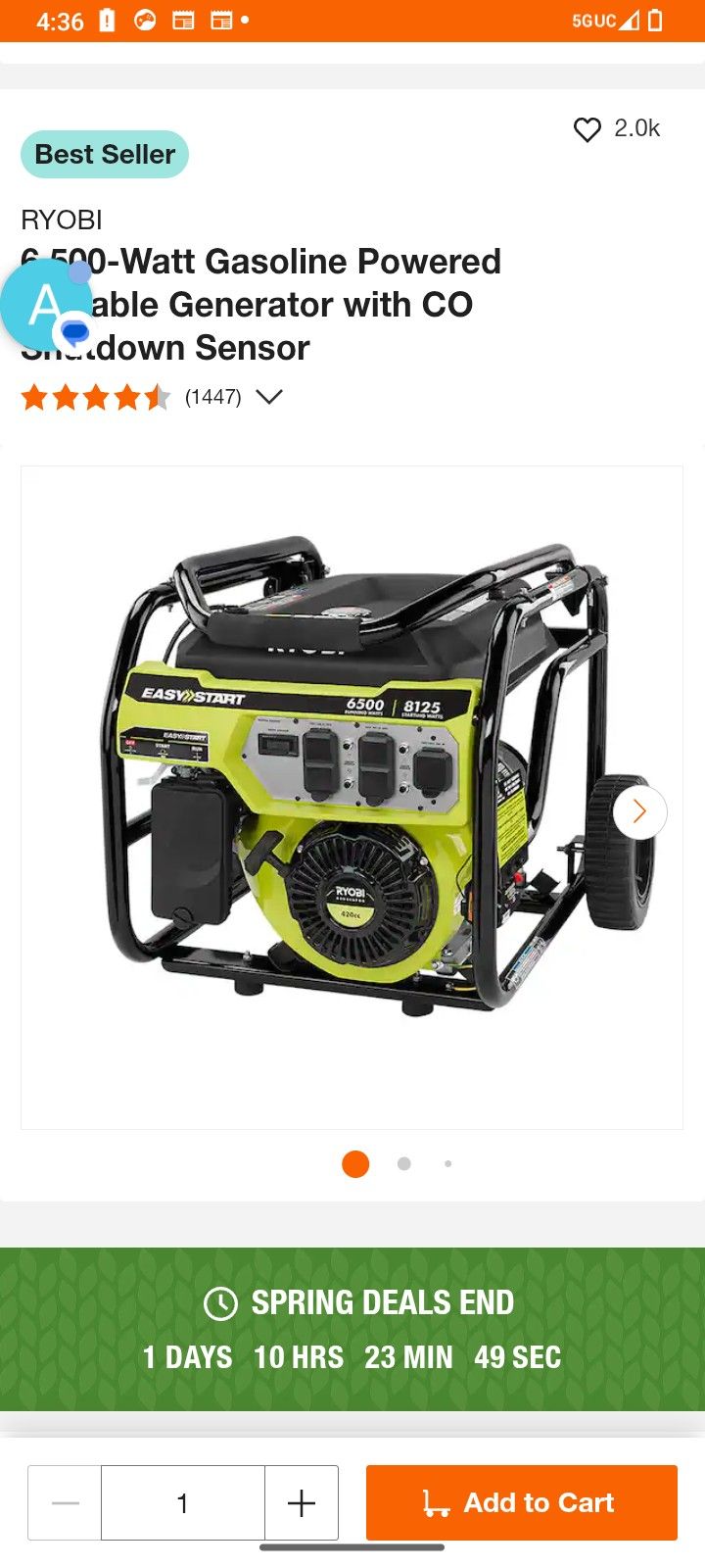 Ryobi 6500 Watt Portable Generator New In Box