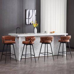 BFZ 30inch Bar Stools Set of 4, Bar Height Bar Stools, 180° Swivel Suede Fabric Stool Chairs with Woven Back and Footrest for Kitchen Island, Cafe, Pu